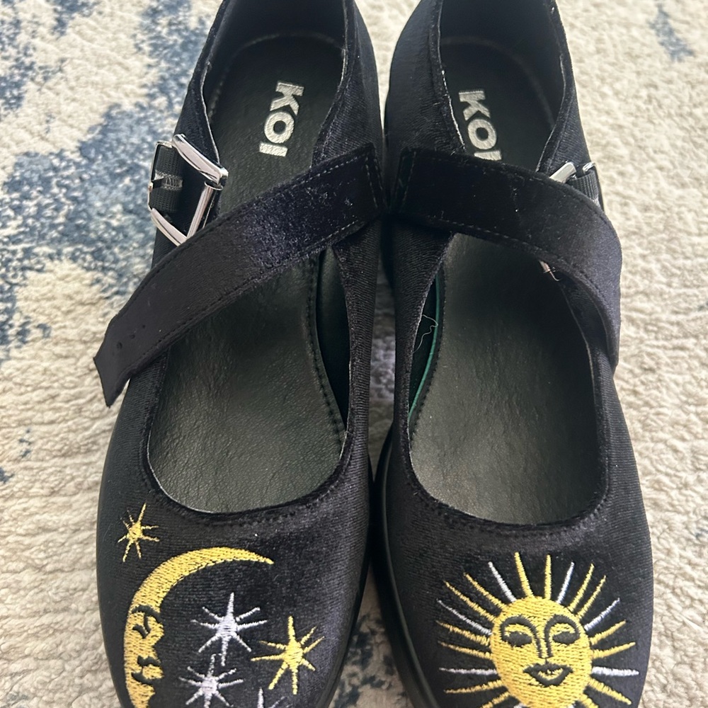 KOI Mary Jane  Black Platform Shoes with Celestial sun & moon Embroidery
